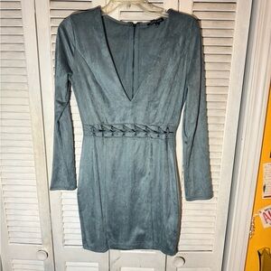 Fashion Nova Teal Long-Sleeve V-Neck Mini Dress